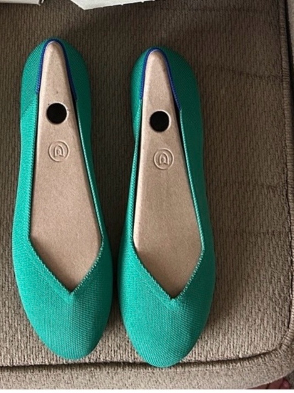 Rothy's Teal Pointed V-Cut Flats with Navy Trim